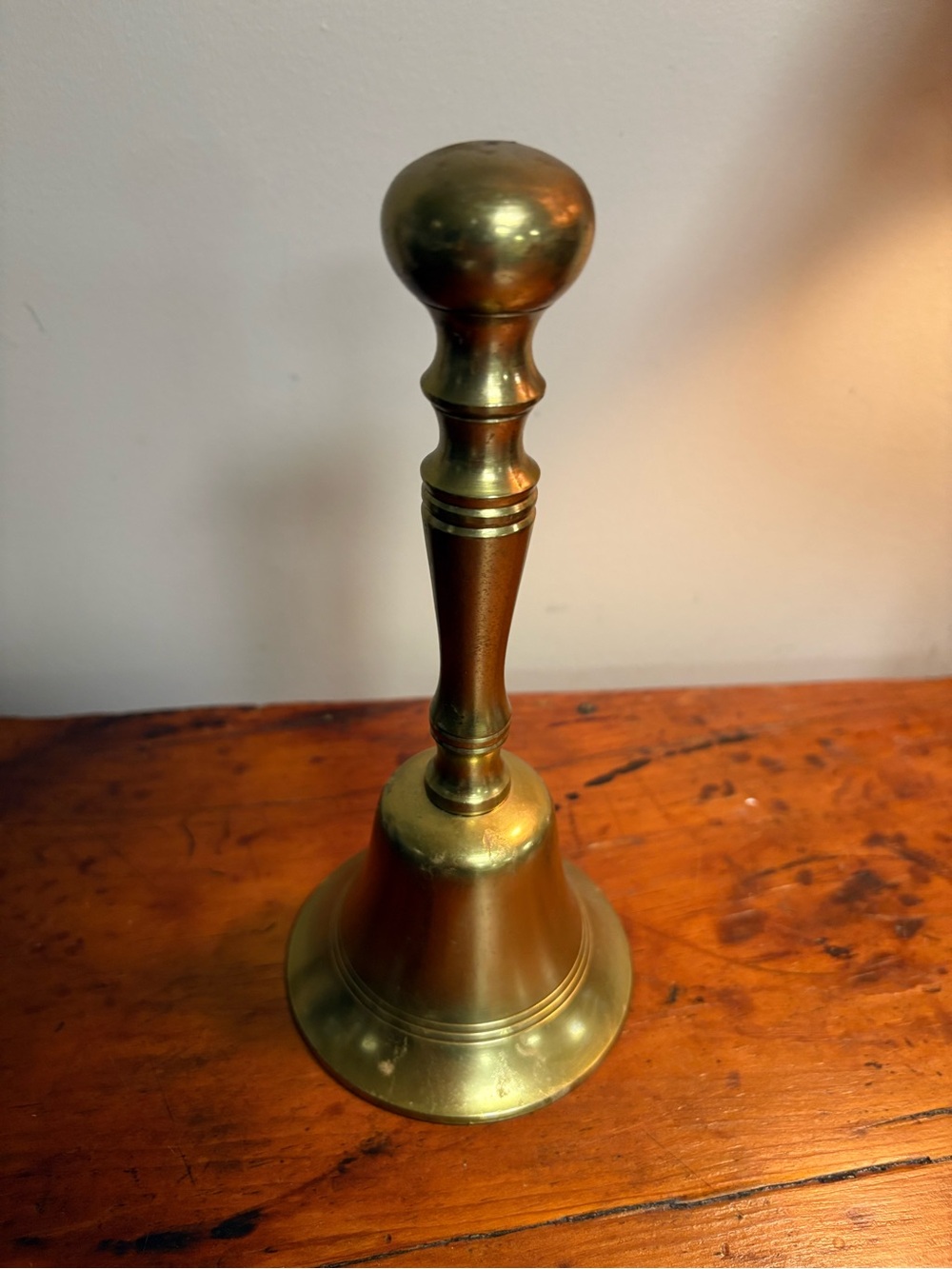 Vintage Brass Hand Bell - Polished Gold Tone 8” Rustic Charm Collectible